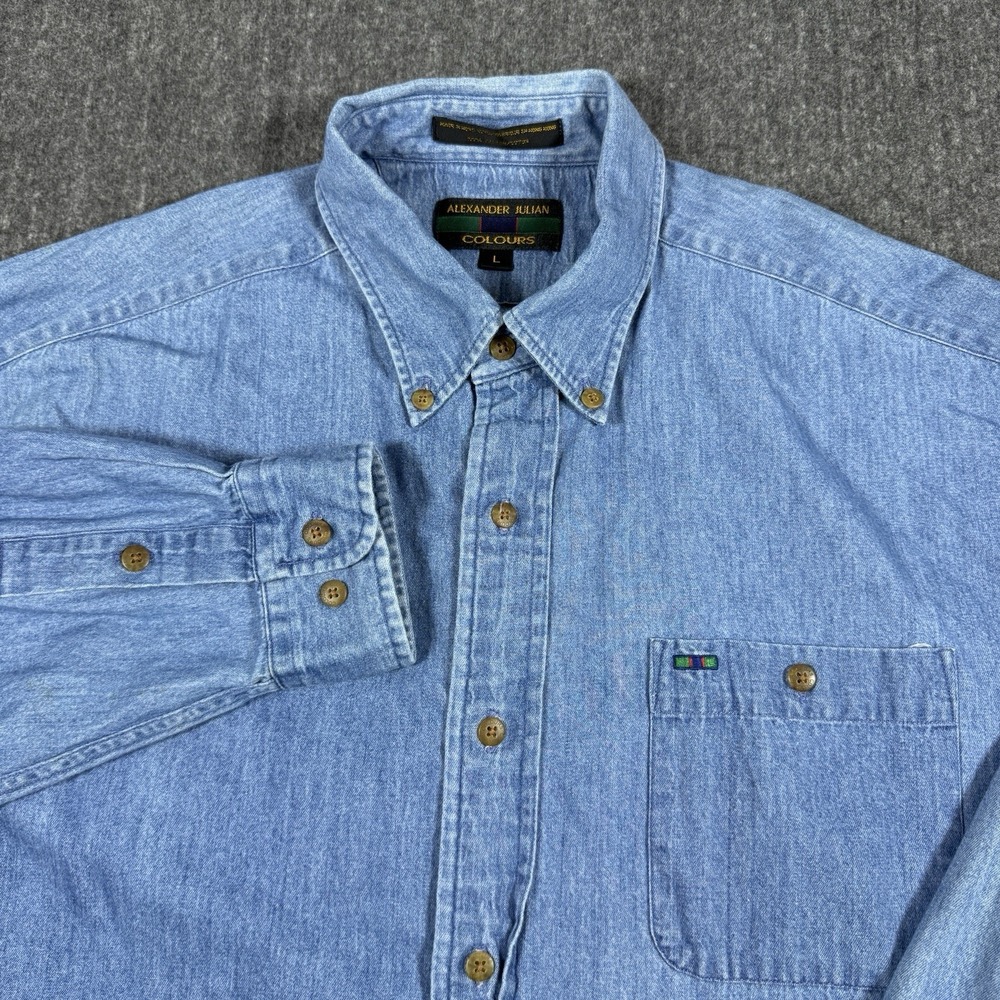 Alexander Julian Colors Men L Denim Chambray Shirt Blue 100%Cotton Made Hongkong
